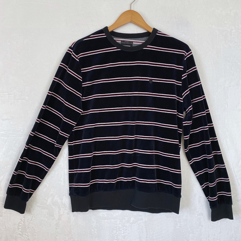 Brixton Mens Striped Velour West Coast Surf Skate‎ Streetwear Crewneck Shirt Med